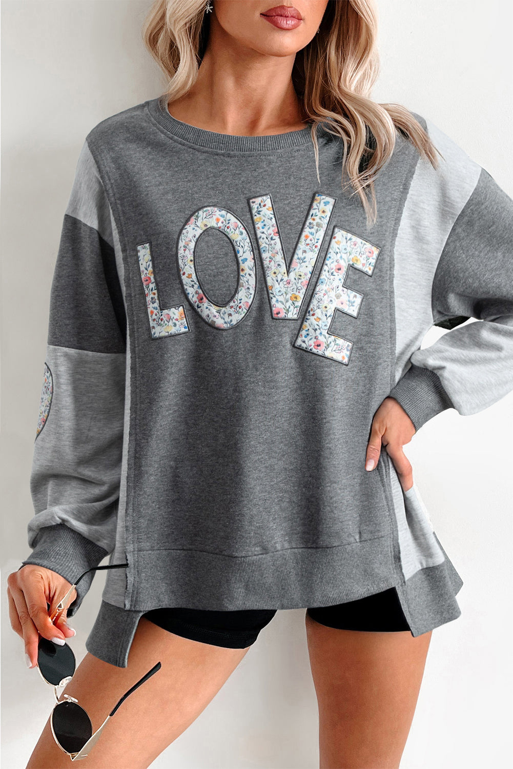 Dark Grey Floral LOVE Graphic Patchwork Uneven Hem Sweatshirt Dark Grey 65%Polyester+35%Cotton 2e4b619db1c7e217