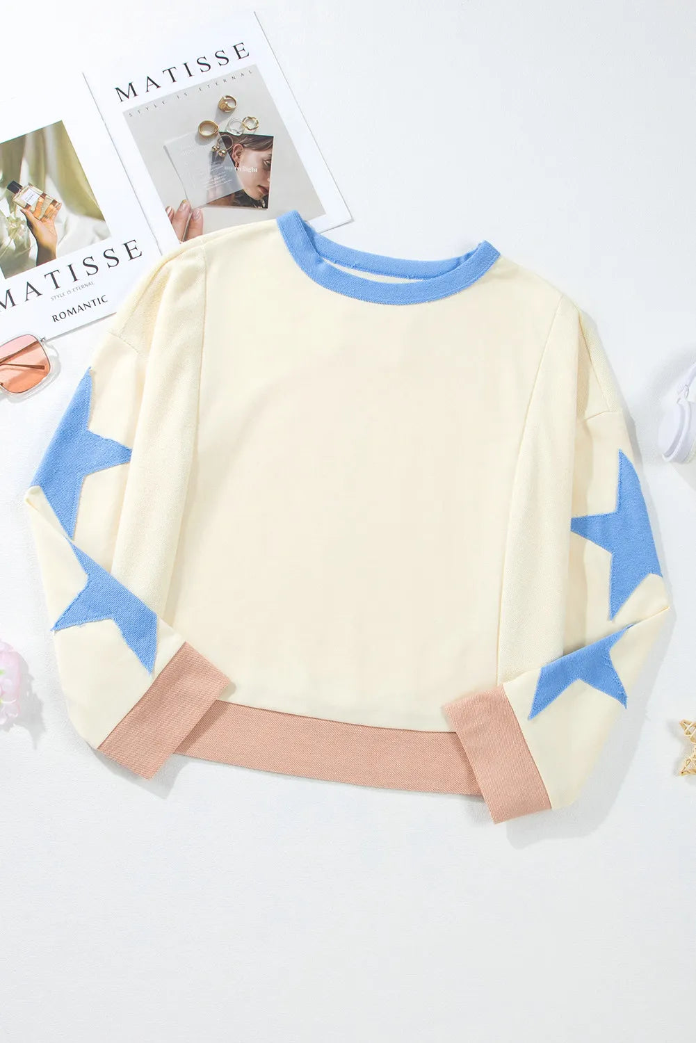 Star Contrast Round Neck Long Sleeve Sweatshirt