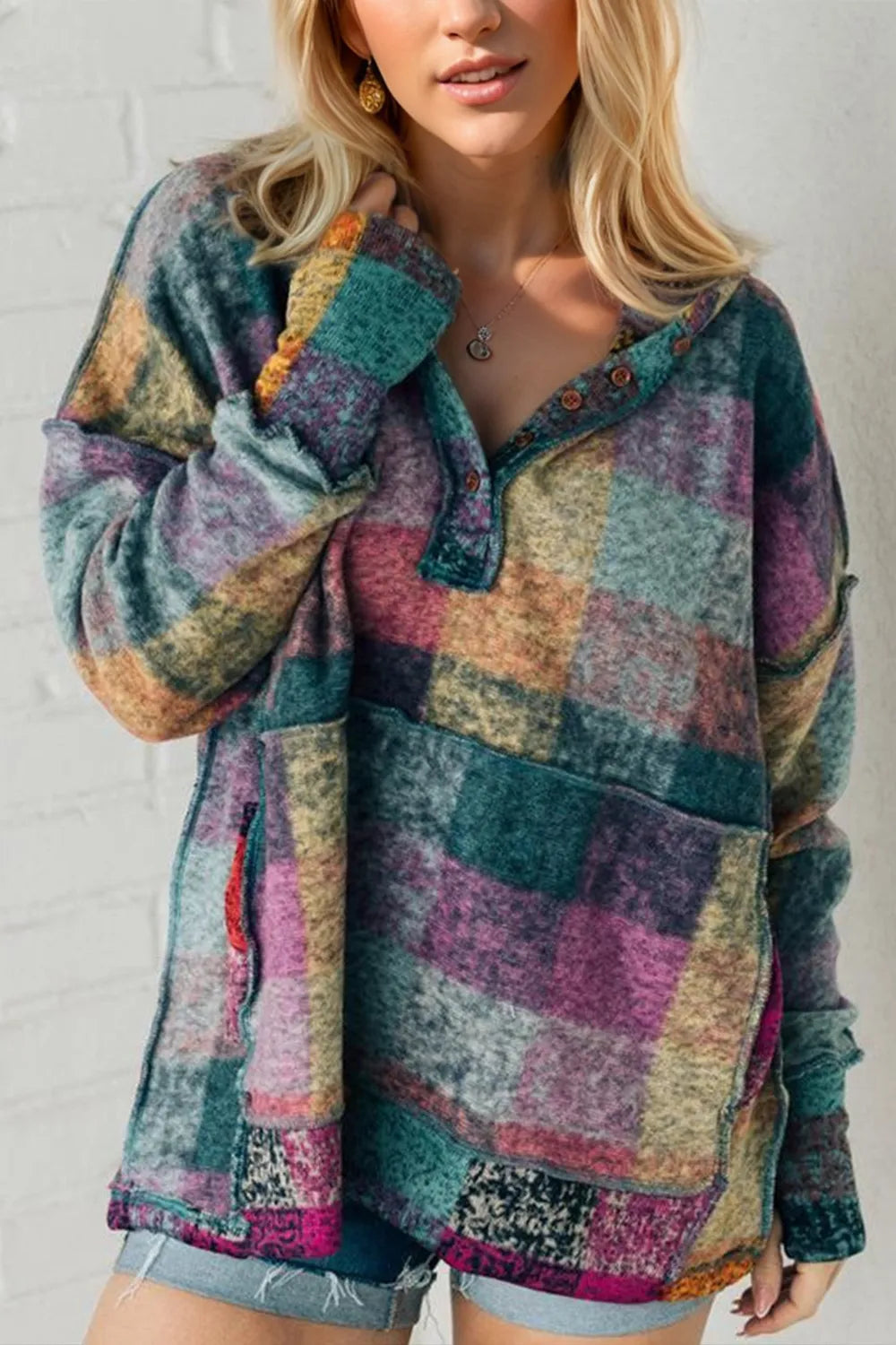 Double Take Full Size Half Button Thumbhole Long Sleeve Fleece Hoodie Multicolored 2e532d8e-d965-4dee-bef3-7ba16a8a6493-Max