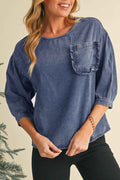 Sky Blue Frill Trim Puff Sleeve Pocket Denim Blouse Sky Blue 100%Cotton 2e555dd13f86d123