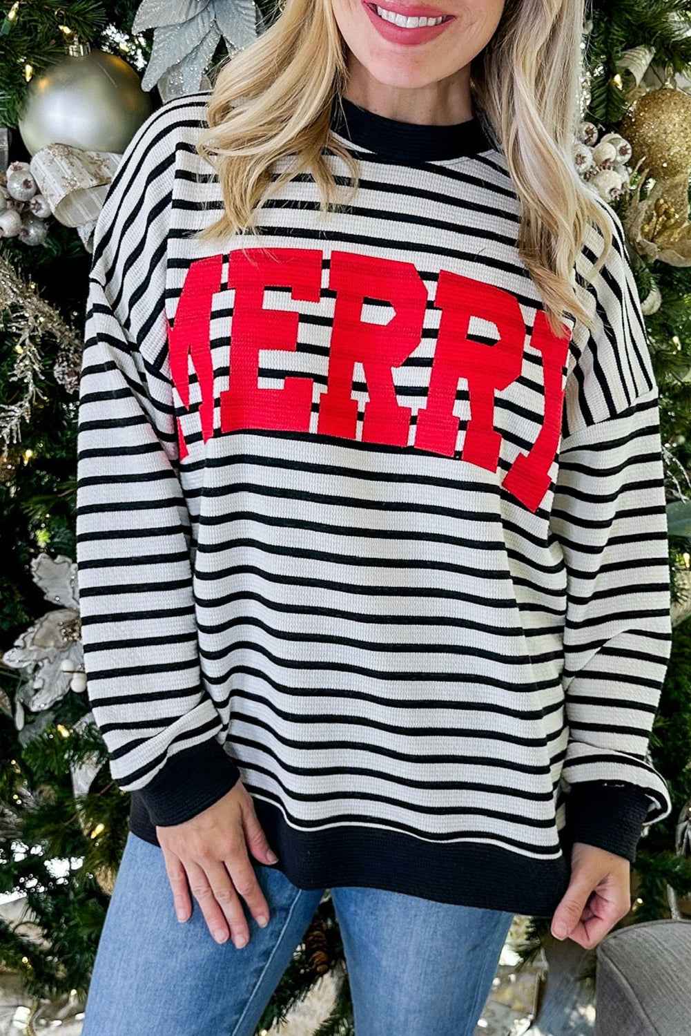 Black Stripe MERRY Letter Print Christmas Sweatshirt White Stripe 85%Polyester+10%Viscose+5%Elastane 2e5760d6aff51163