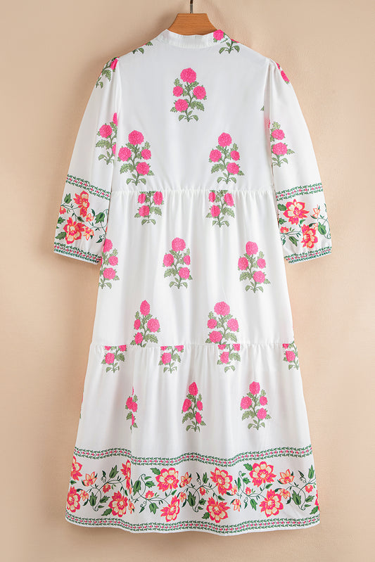 White Floral Print Half Button Mandarin Neck 3/4 Sleeve Maxi Dress 2e57ddfa7423bd77