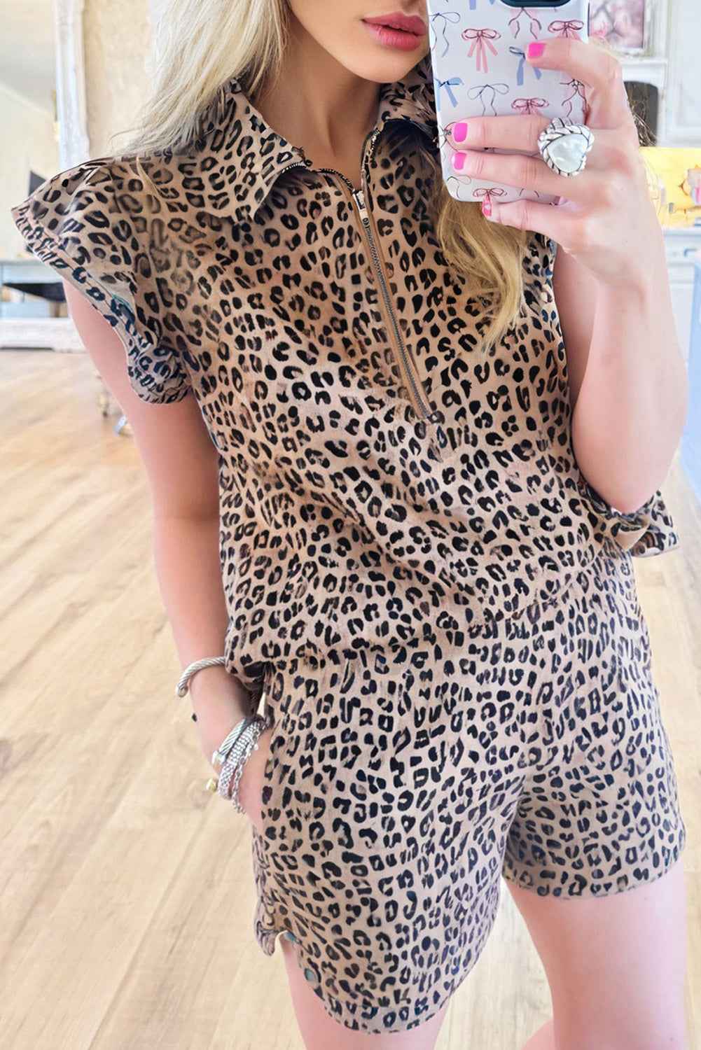 Brown Leopard Half Zipper Collared Ruffle Sleeve Top and Shorts Set Brown 2e59f1734a777250