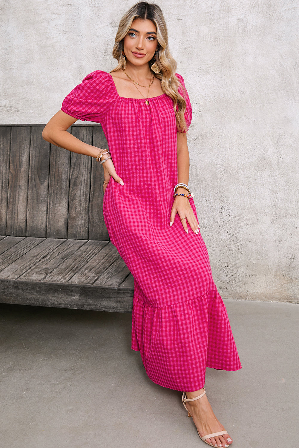 Rose Plaid Square Neck Puff Sleeve Maxi Dress 2e5d2da3ab54dfce