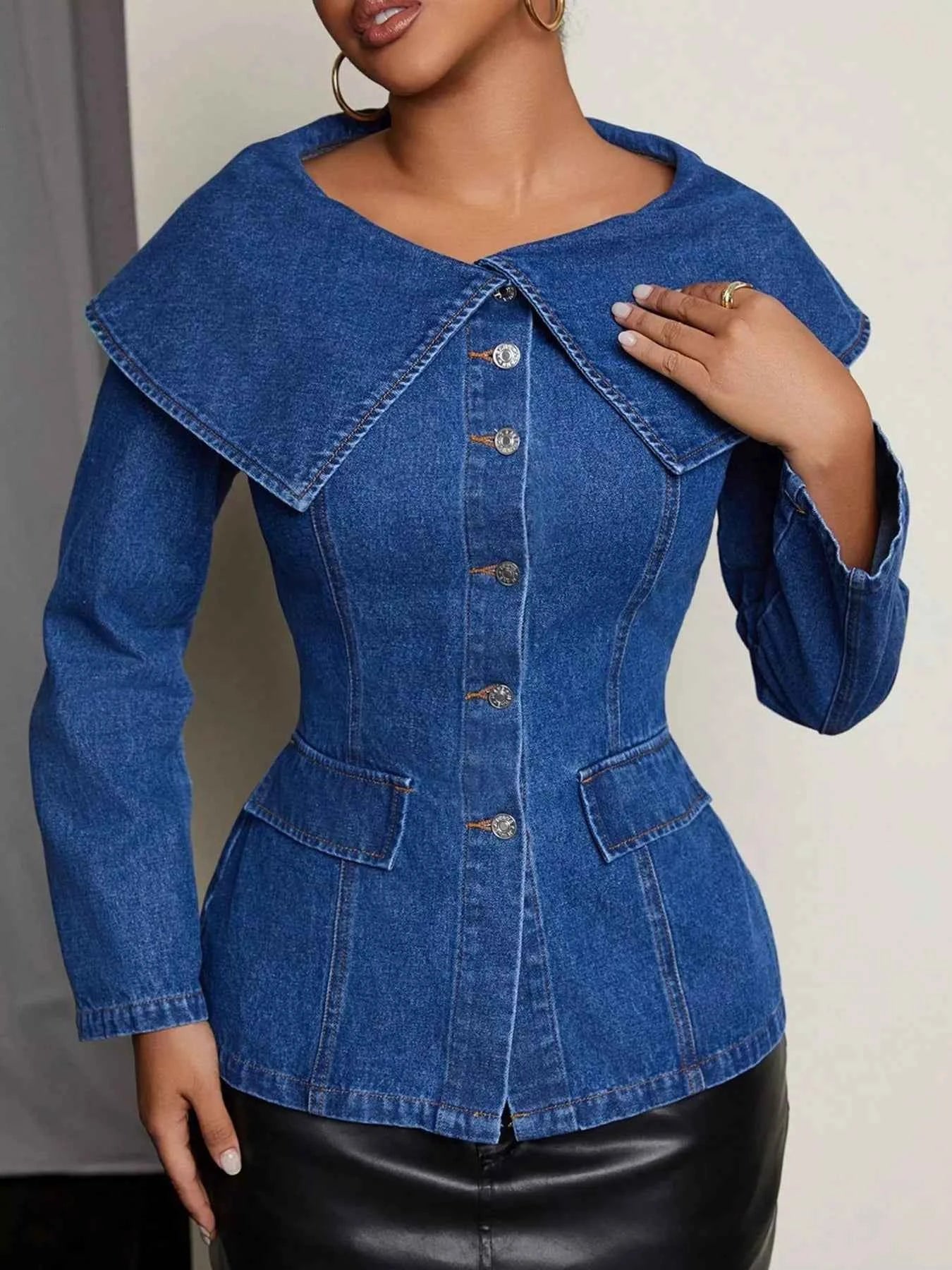 Button-Front Long Sleeve Denim Top 2e5d946e36234c299ebfacc990a0fb5b-Max-Origin