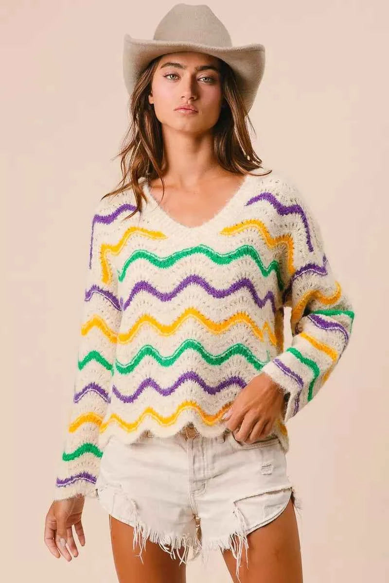 BiBi Mardi Gras Wavy Stripes V-Neck Sweater 2e60eb1d4ca34ba7a7e0e5aa7a6662ef-Max-Origin