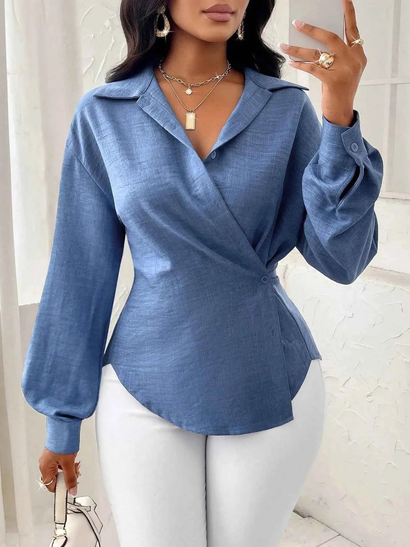 Collared Long Sleeve Blouse 2e67b363b1f84e518038b2bb1971db52-Max-Origin