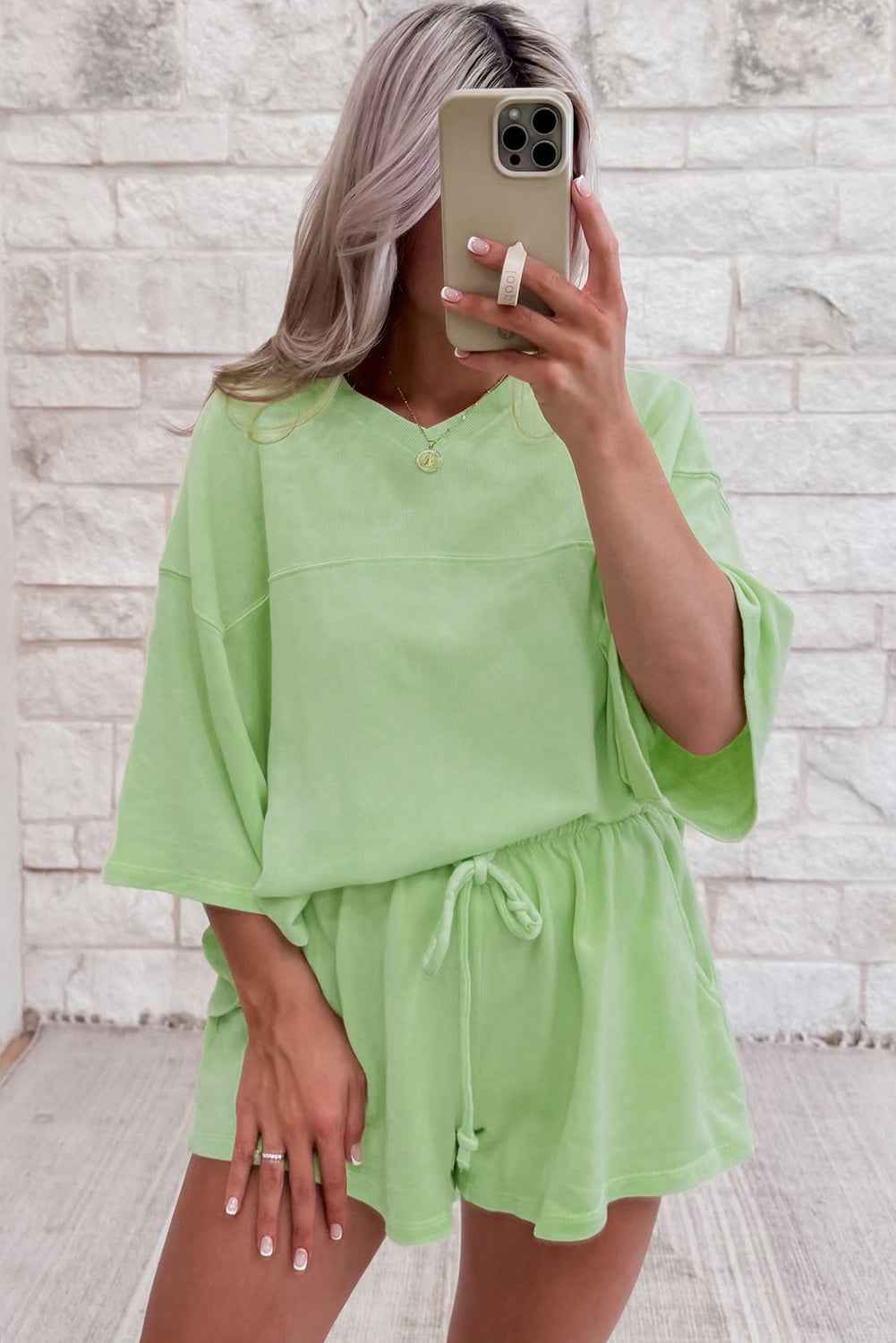 Bonbon Loose V Neck Tee and Drawstring Shorts Set 2e6fd6b479327a5e
