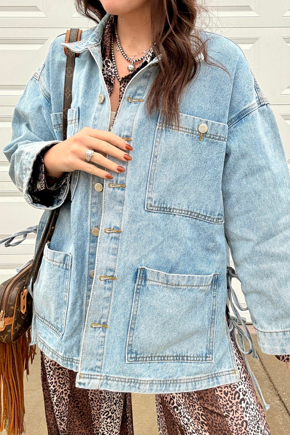 Beau Blue Multi Patched Pockets Side Tie up Boyfriend Style Denim Jacket 2e71f44cd0eb01c6