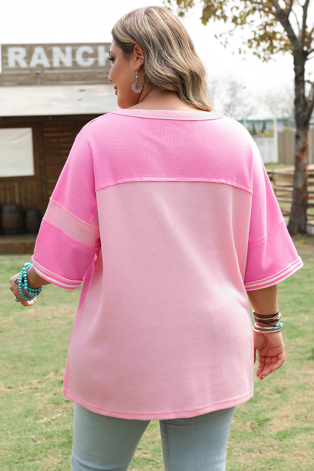 Pink Stripe Waffle Patchwork Plus Size T-Shirt 2e7ab092ff9bd9ba