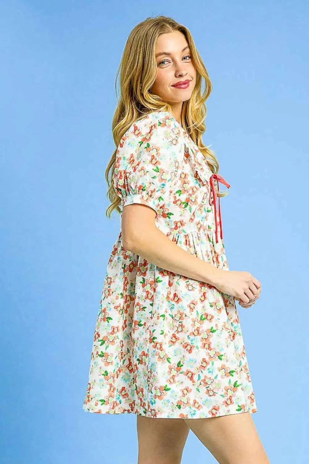 Umgee Floral Print Puff Sleeve Tie Front Mini Dress 2e7ad712-ec42-4b08-9a87-f39805181a89-Max-Origin
