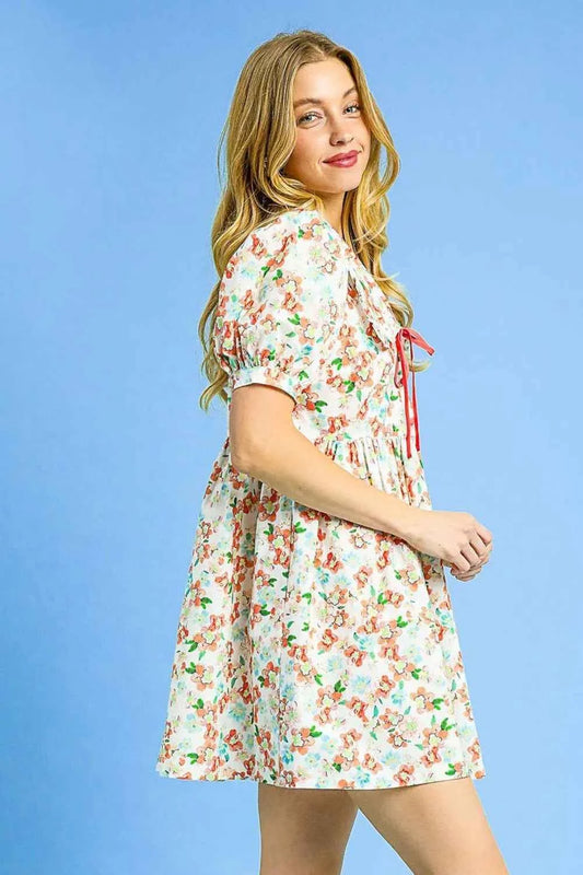 Umgee Floral Print Puff Sleeve Tie Front Mini Dress 2e7ad712-ec42-4b08-9a87-f39805181a89-Max-Origin