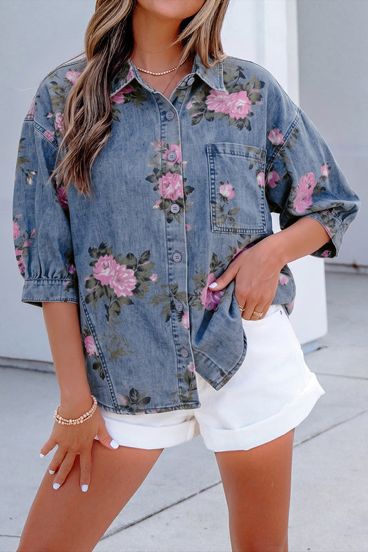 Blue Bracelet Sleeve Floral Denim Shirt 2e85f3ecb02d9493