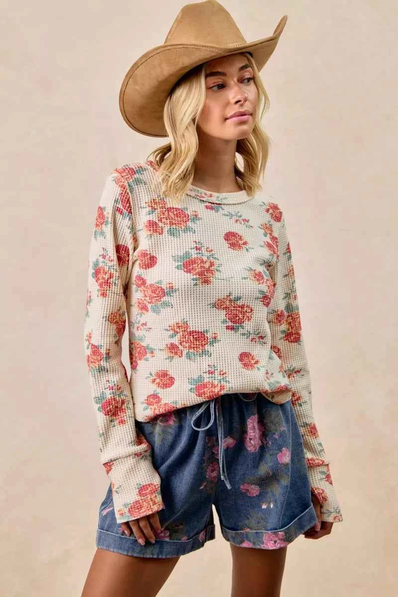 BiBi Floral Print Washed Waffle Thermal Top With Thumb 2e89c182c8254aca8187fc619201d780-Max-Origin