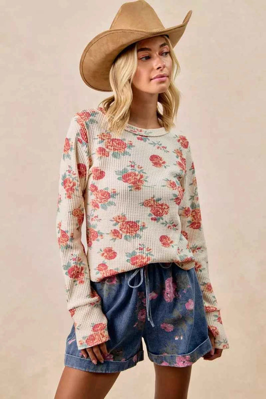 Floral Print Washed Waffle Thermal Top With Thumb 2e89c182c8254aca8187fc619201d780-Max-Origin
