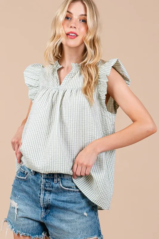 Ces Femme Plaid Notched Ruffled Cap Sleeve Blouse 2e89ccde-6caf-4c36-bdac-88bdf1fcb6df-Max