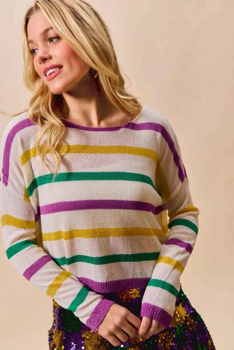 SO ME Mardi Gras Color Stripe Lightweight Sweater Top 2e8bef1309934257b9372c7b57d033c2-Max-Origin