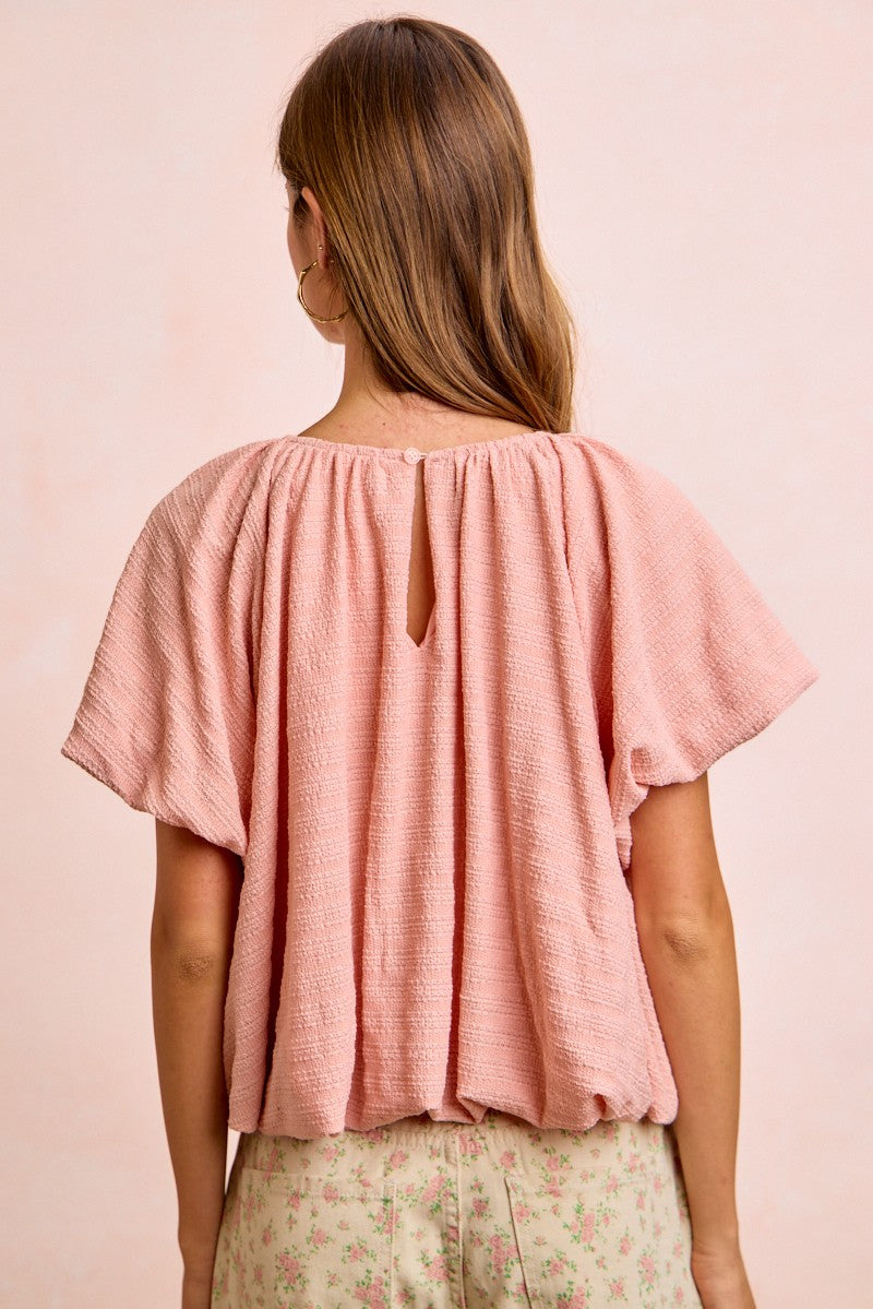 BiBi Stripes Textured Shirred Neckline Bubble Hem Top 2e8eeca66c8b43d49302d66c9bc925e4-Max