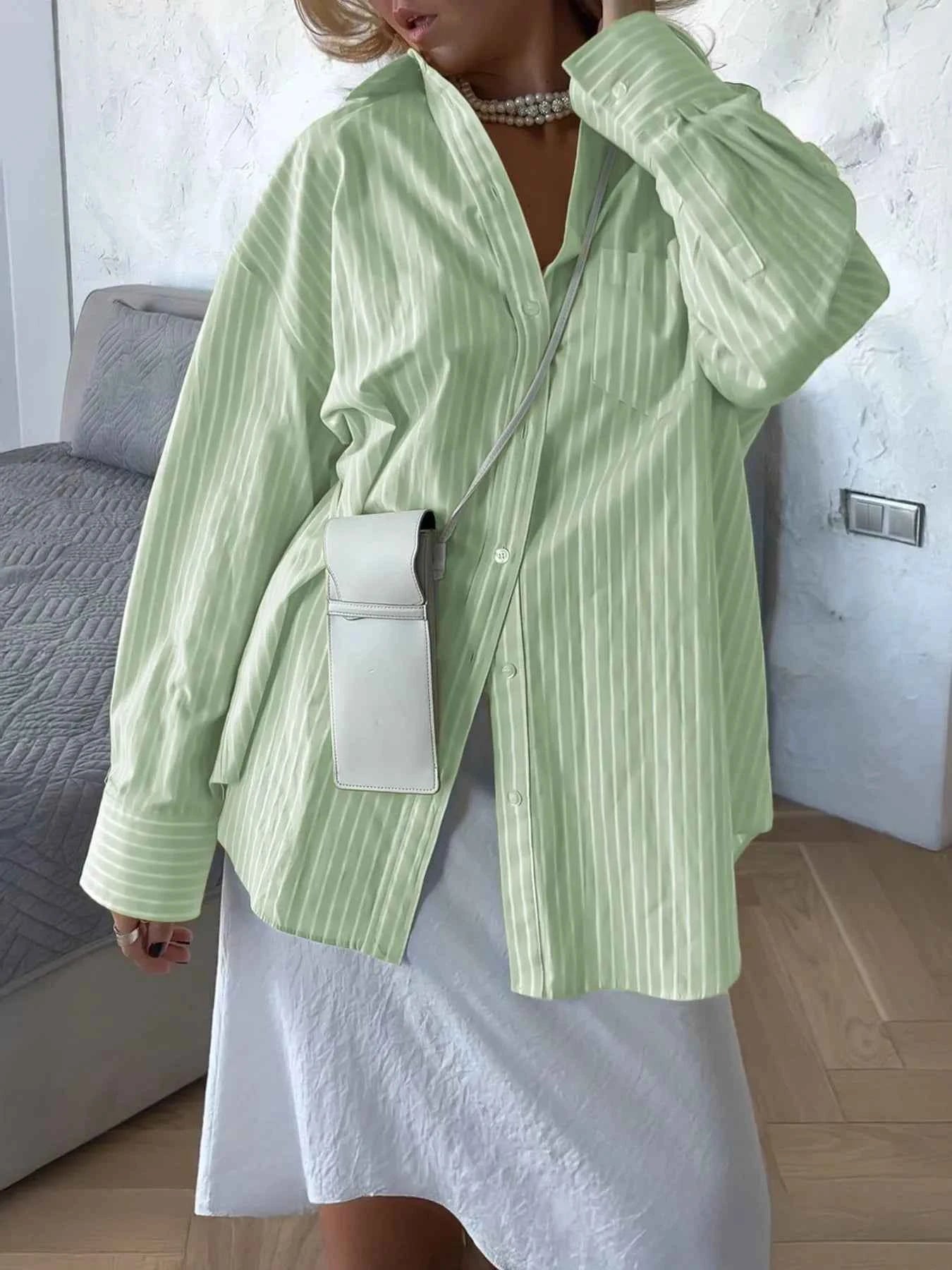 Oversized Striped Button-Down Shirt Light Green 2e950ce1-6ebc-48e6-bc73-62d14b9fefc8-Max-Origin