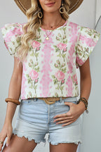 Pink Floral Print Layered Ruffle Sleeve Summer Top 2e9aeaa3fa73a031