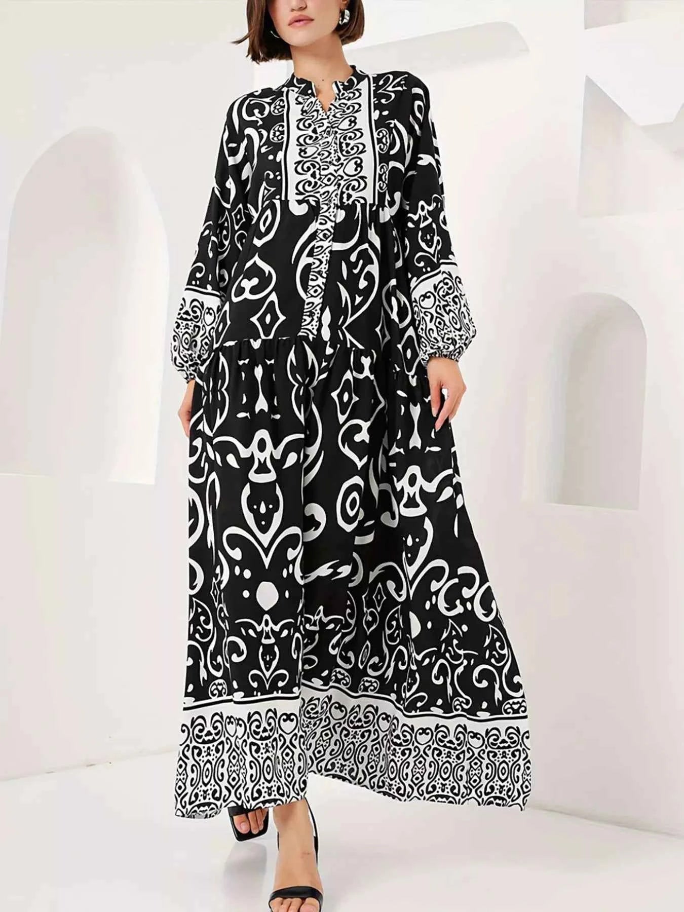 Printed Notched Balloon Sleeve Maxi Dress 2e9d856a-0462-4224-9981-4a09e680e01f-Max-Origin