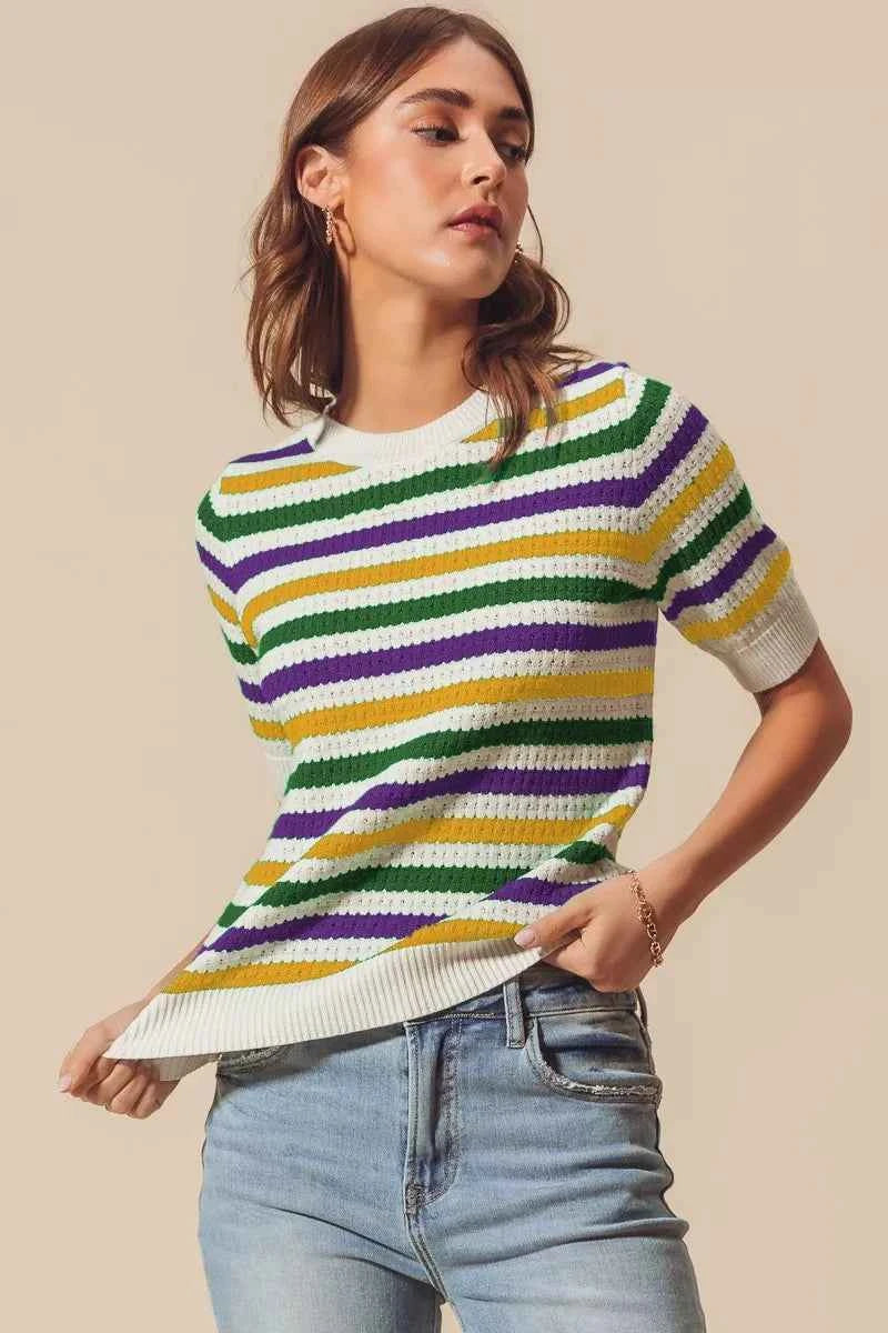 SO ME Mardi Gras Crew Neck Stripe Breathable Sweater IVORY 2e9e8dd61d58443d95a3f0ed15e4f671-Max-Origin