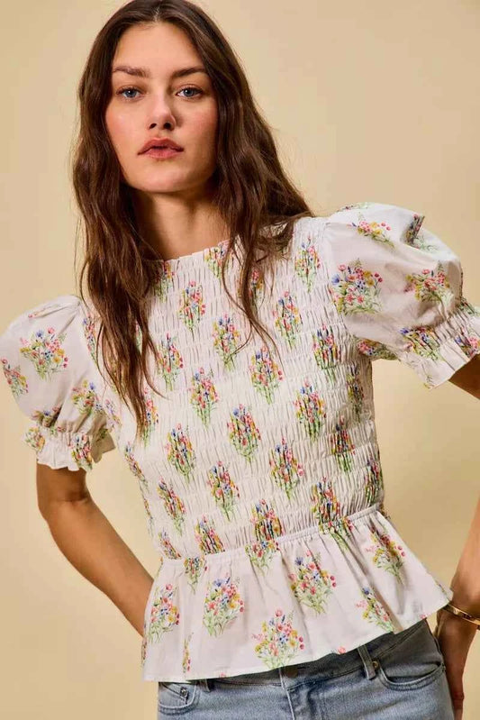 SO ME Floral Cotton Smocked Short Sleeves Blouse 2ea222dc34d94eb58507a71f27cd057b-Max-Origin