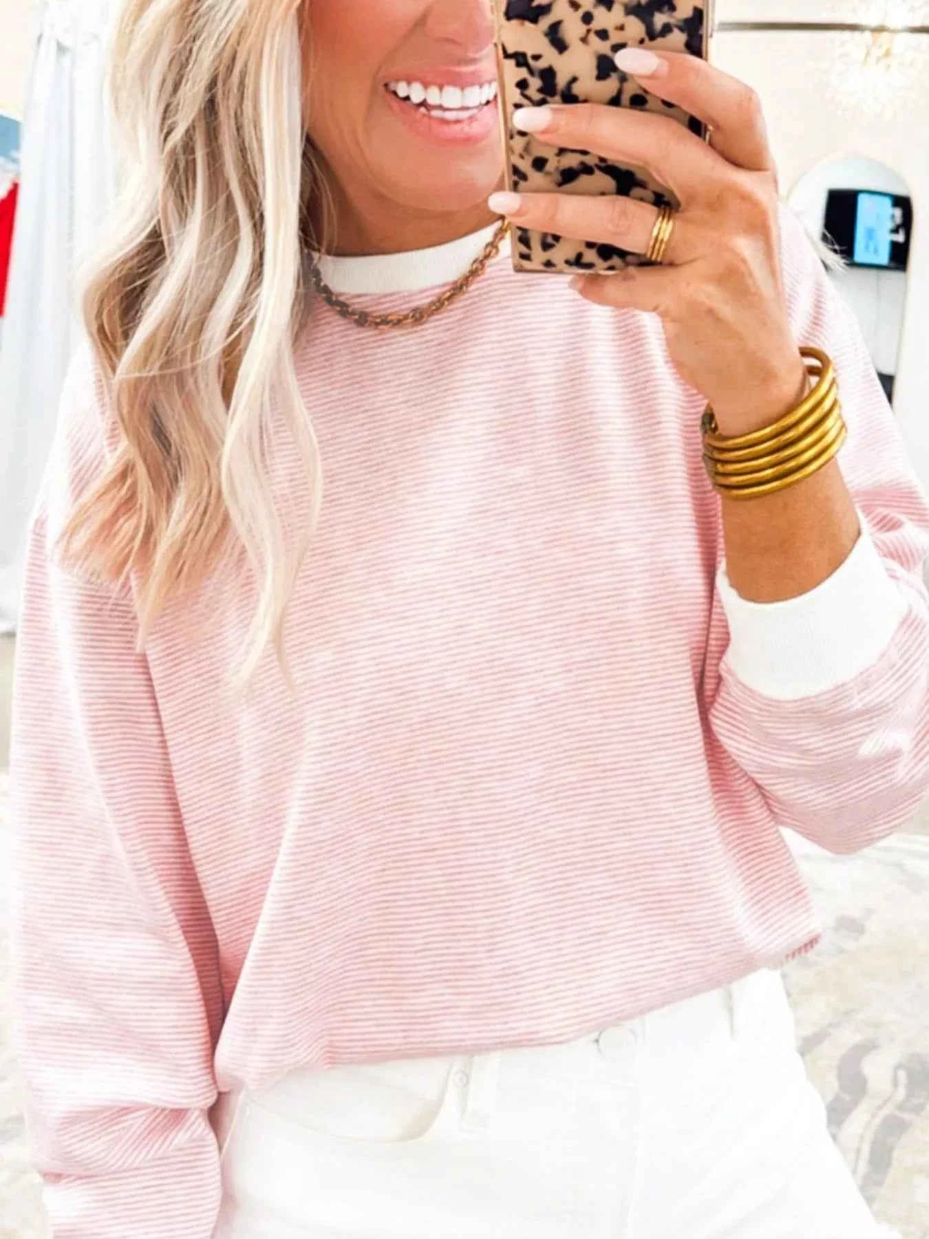 Stripe Contrast Edge Patchwork Long Sleeve Top 2ea3123c-9467-4ab0-ba3e-a3ded4cde8af-Max-Origin