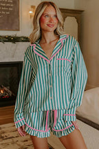 Green Stripe Contrast Ricrac Trim Long Sleeve Shirt Drawstring Ruffled Pajama Short Set 2ea31ed608588b2a