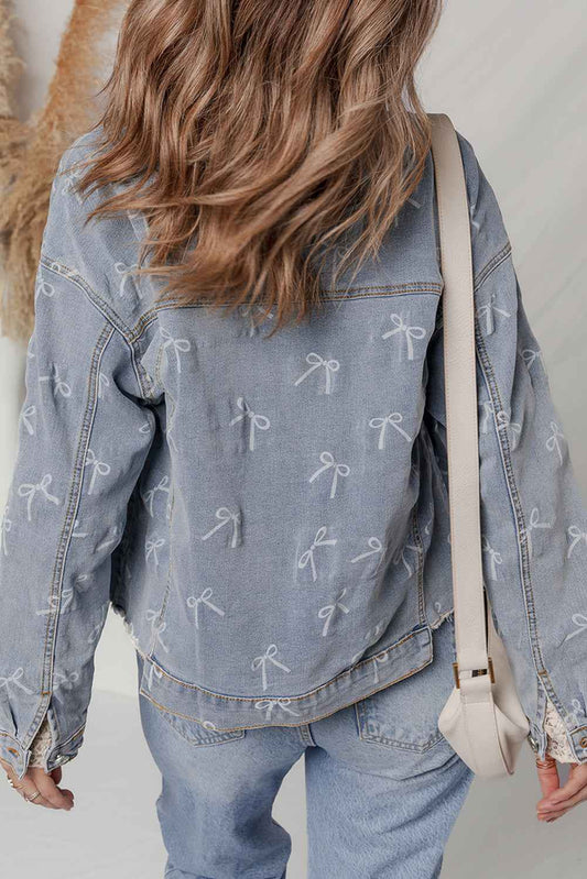 Sky Blue Bow Print Light Wash Raw Hem Denim Jacket 2ea43625fec43b3f