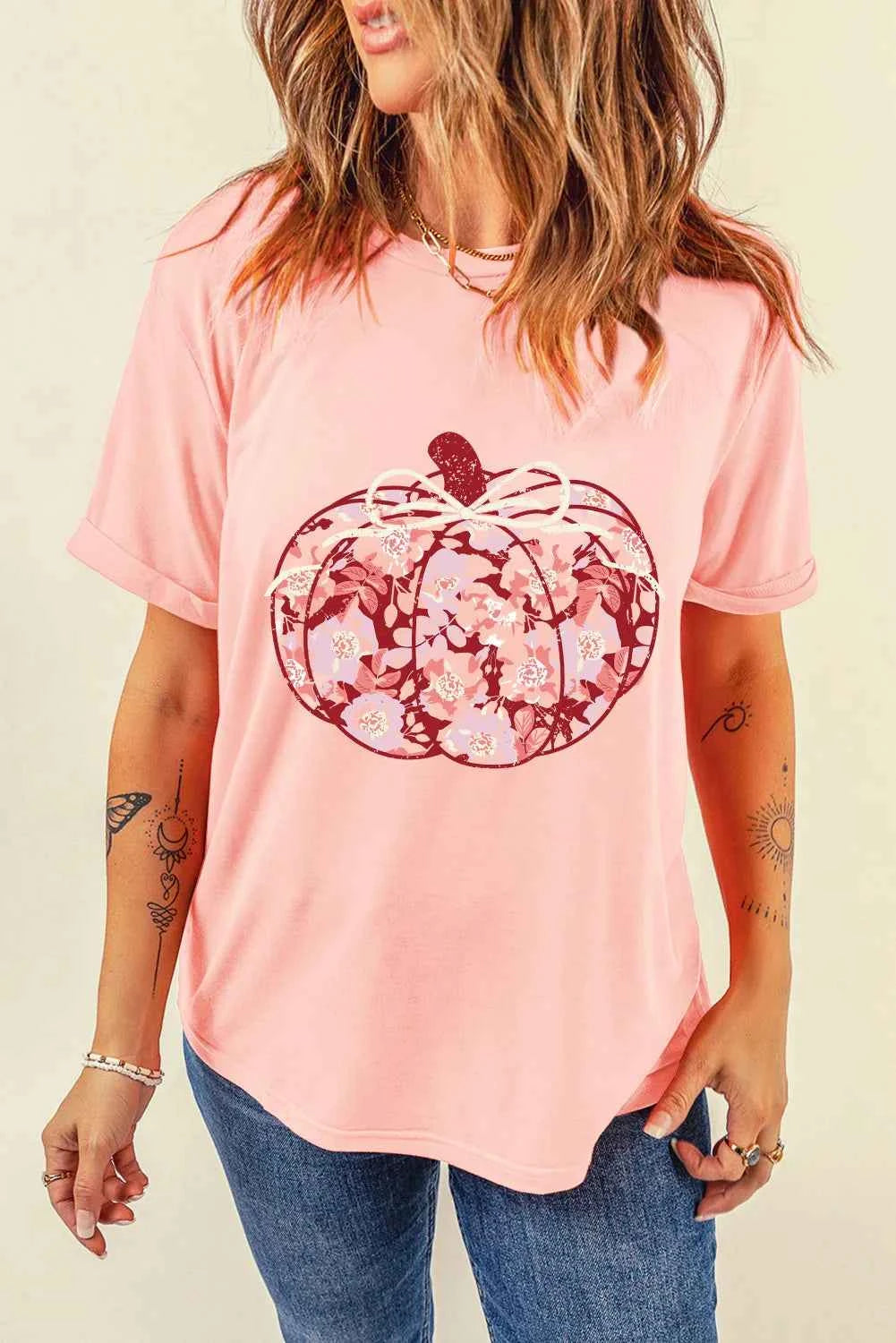 Pumpkin Graphic Round Neck Long Sleeve T-Shirt Blush Pink 2ea4b2e5-1790-45c0-b34f-0fdfc5928f48-Max