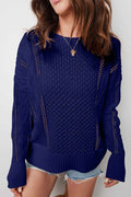 Navy Blue Mix Texture Knit Eyelet Detail Casual Sweater Navy Blue 52%Viscose+26%Polyester+22%Polyamide 2ea6884d348316cf