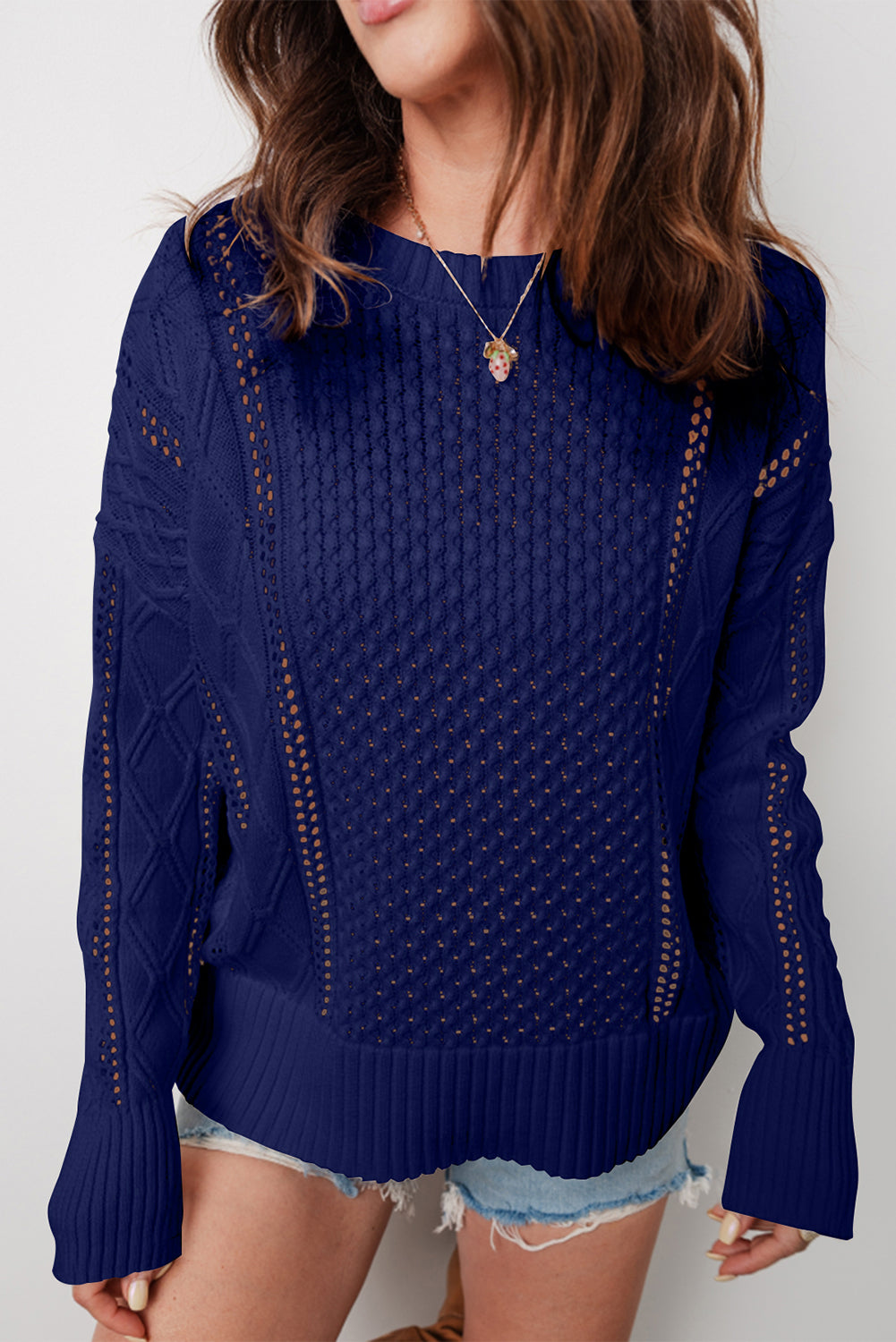 Navy Blue Mix Texture Knit Eyelet Detail Casual Sweater Navy Blue 52%Viscose+26%Polyester+22%Polyamide 2ea6884d348316cf
