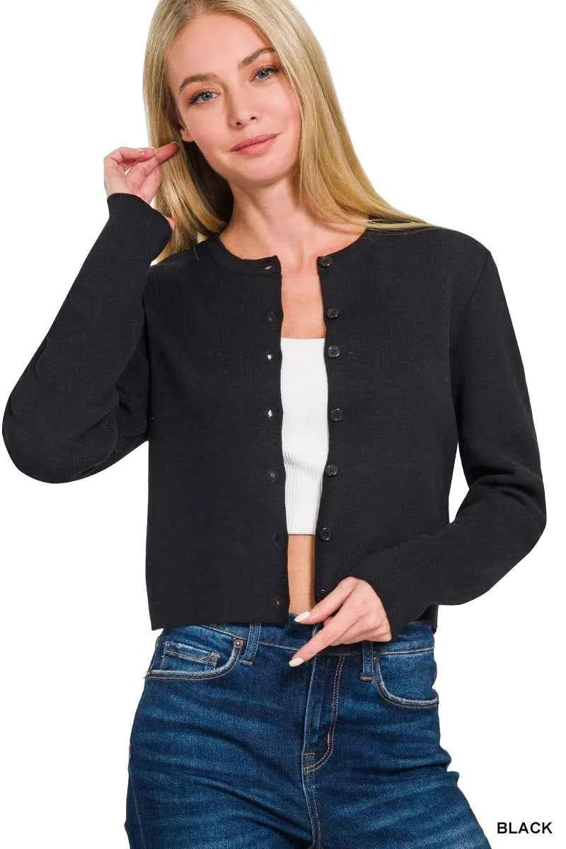 Zenana Button-Front Crewneck Long Sleeve Cropped Cardigan 2ea6e628f38f4382a5f103b46edb6adc-Max-Origin