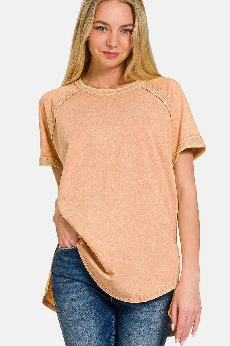Zenana Heathered Round Neck Short Sleeve Top Brush 2ea86f93-095a-4772-97c5-0d48b87680cf-Max