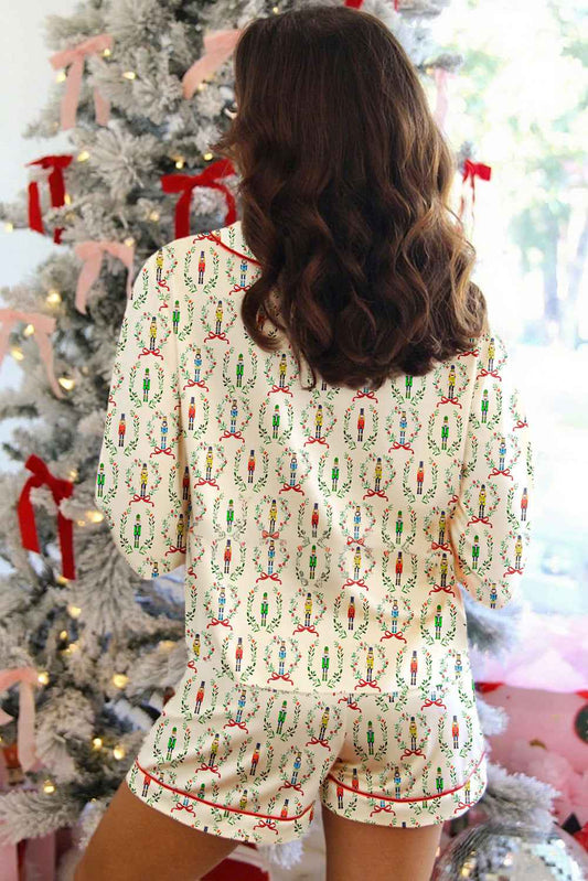 Beige Nutcracker Print Contrast Trim Bowknot 2pcs Pajama Set 2eaef458123a8b8b