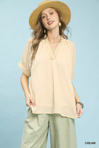 Umgee V-Neck Short Sleeve Blouse 2eb0b5e2-a0cb-4cb5-8bef-897b281e46eb-Max-Origin