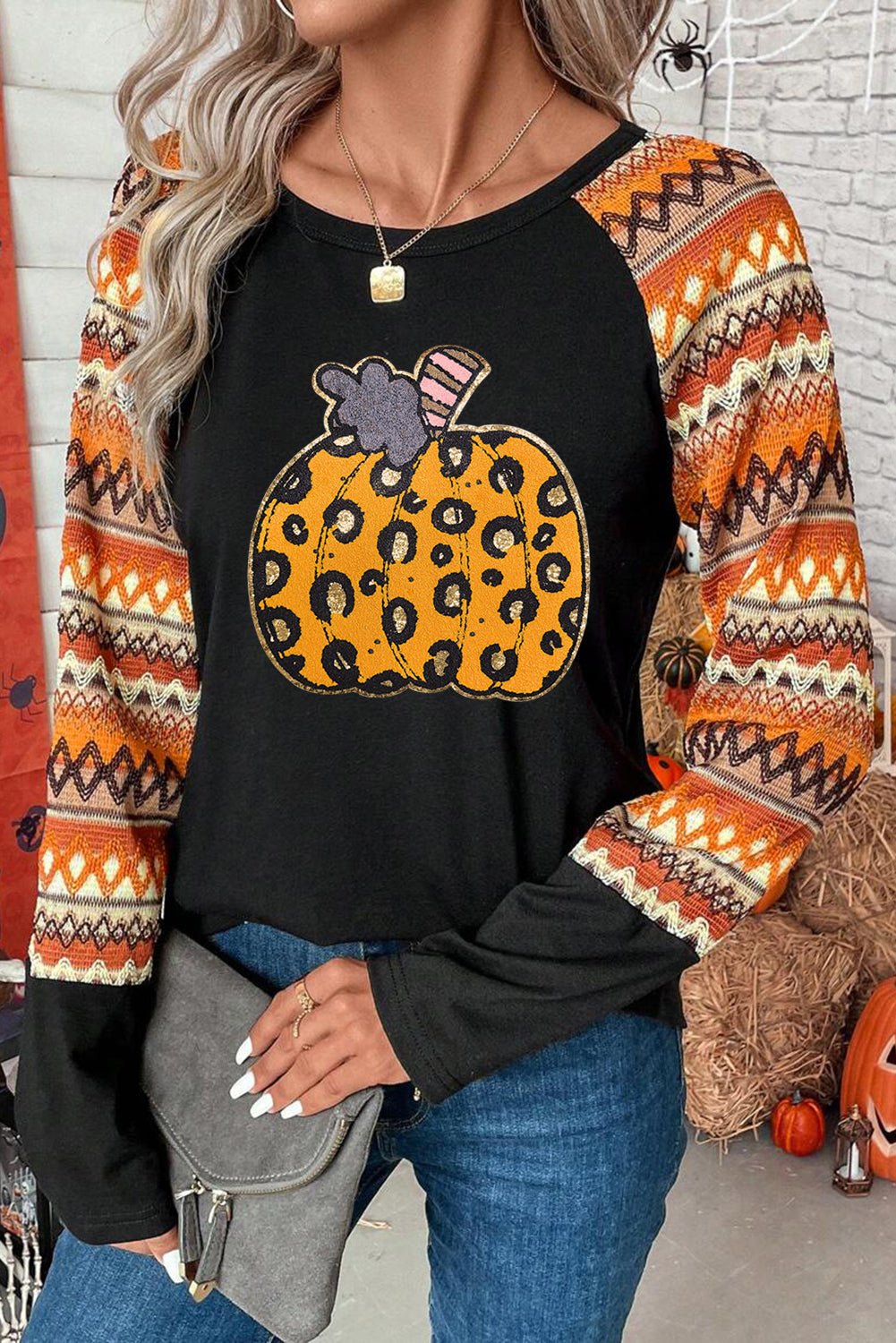 Orange Leopard Pumpkin Sequins Patch Contrast Long Sleeve Top 2eb1905d62a49f7c