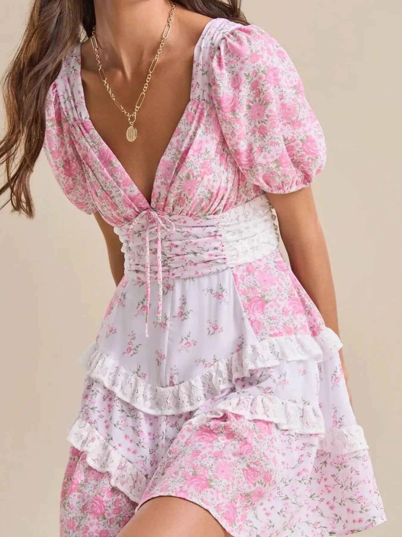 Floral Puff Sleeve Tiered Mini Dress Apricot 2eb3ad82-5b2d-41bc-9a30-47740b7cb6b8-Max-Origin