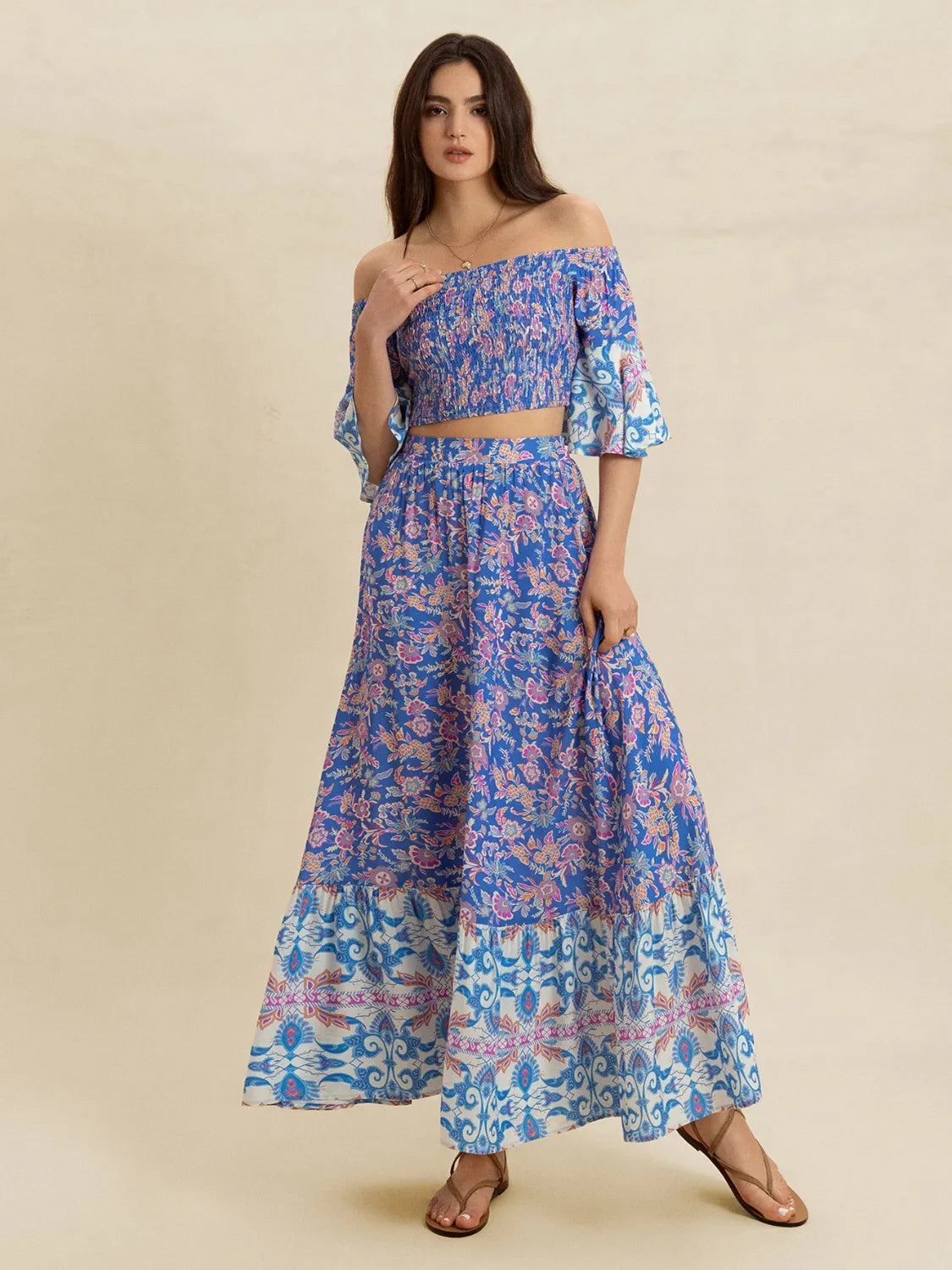 Smocked Off-Shoulder Printed Top and Skirt Set Blue Purple 2eb66716-c30f-4e84-9be2-20dea5f92a8f-Max-Origin