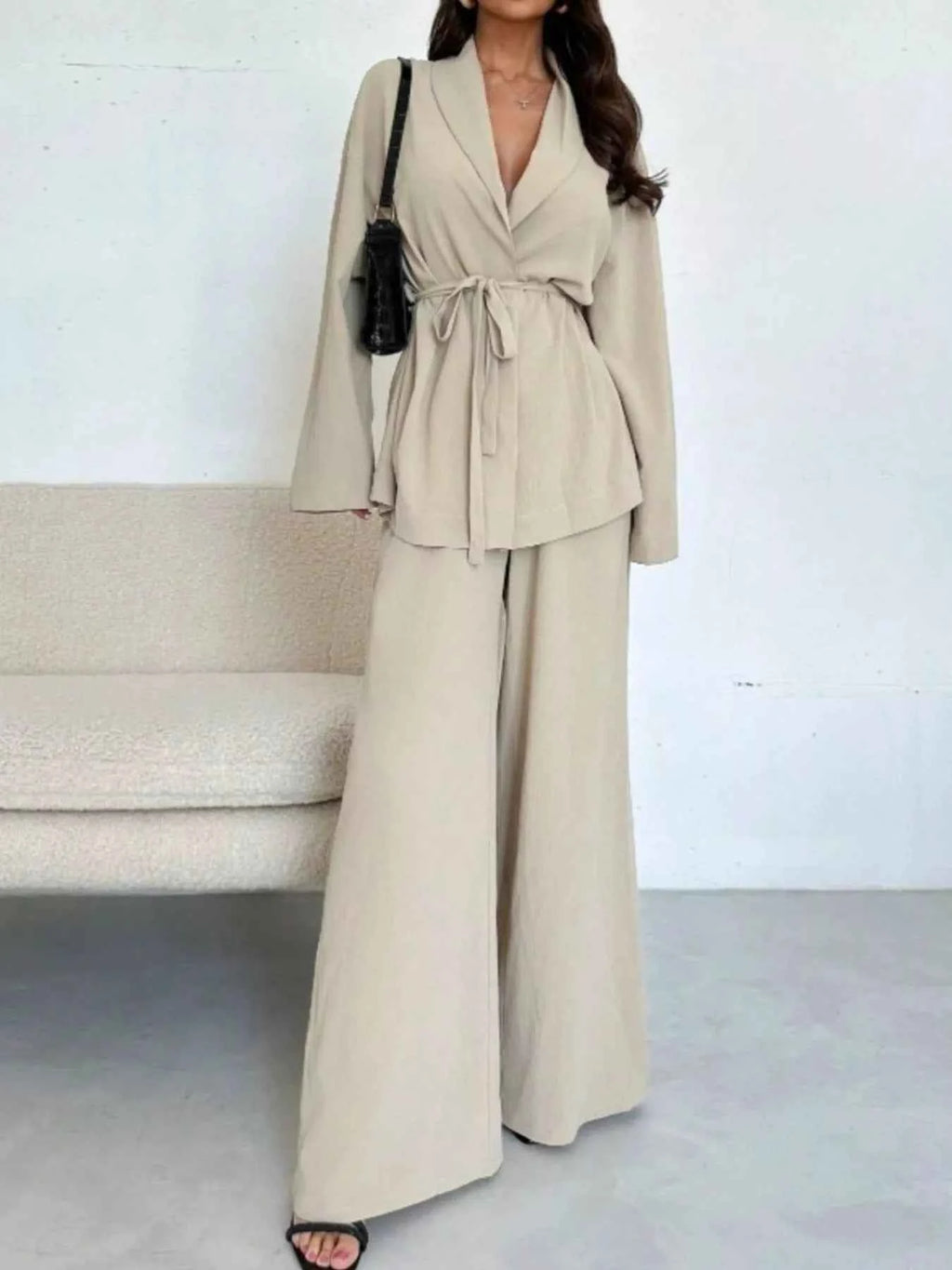 Front Tied Shirt and Wide-Leg Pants Set Apricot 2ebbe80e-307d-43ee-9ed7-4fb883aaf6a7-Max-Origin