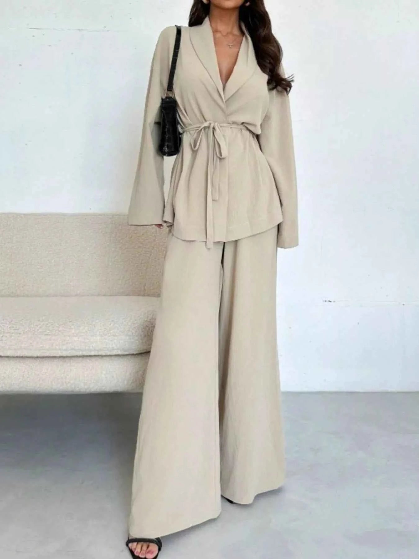 Front Tied Shirt and Wide-Leg Pants Set Apricot 2ebbe80e-307d-43ee-9ed7-4fb883aaf6a7-Max-Origin