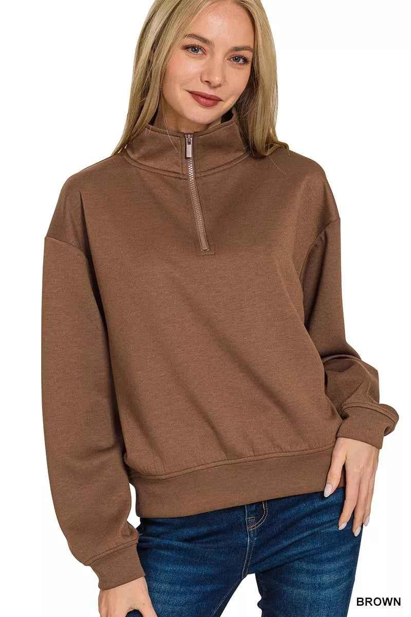Zenana Scuba Half Zip Pullover Sweatshirt BROWN 2ece5822d1b042bfaec1d10359ed0373-Max-Origin