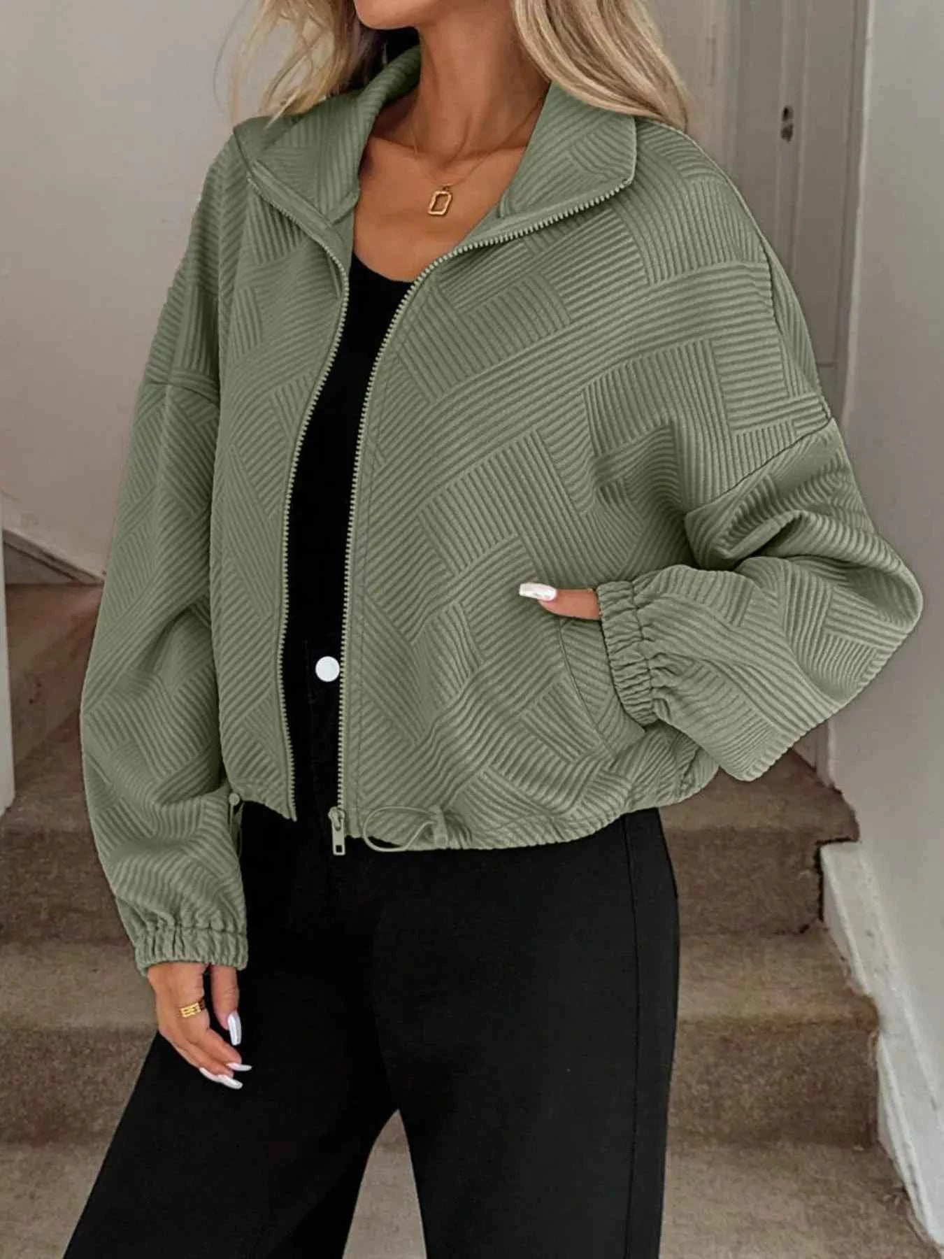 Drawstring Hem Textured Long Sleeve Jacket 2ed033f87f8c43cd9ea7f32dbad859ce-Max-Origin