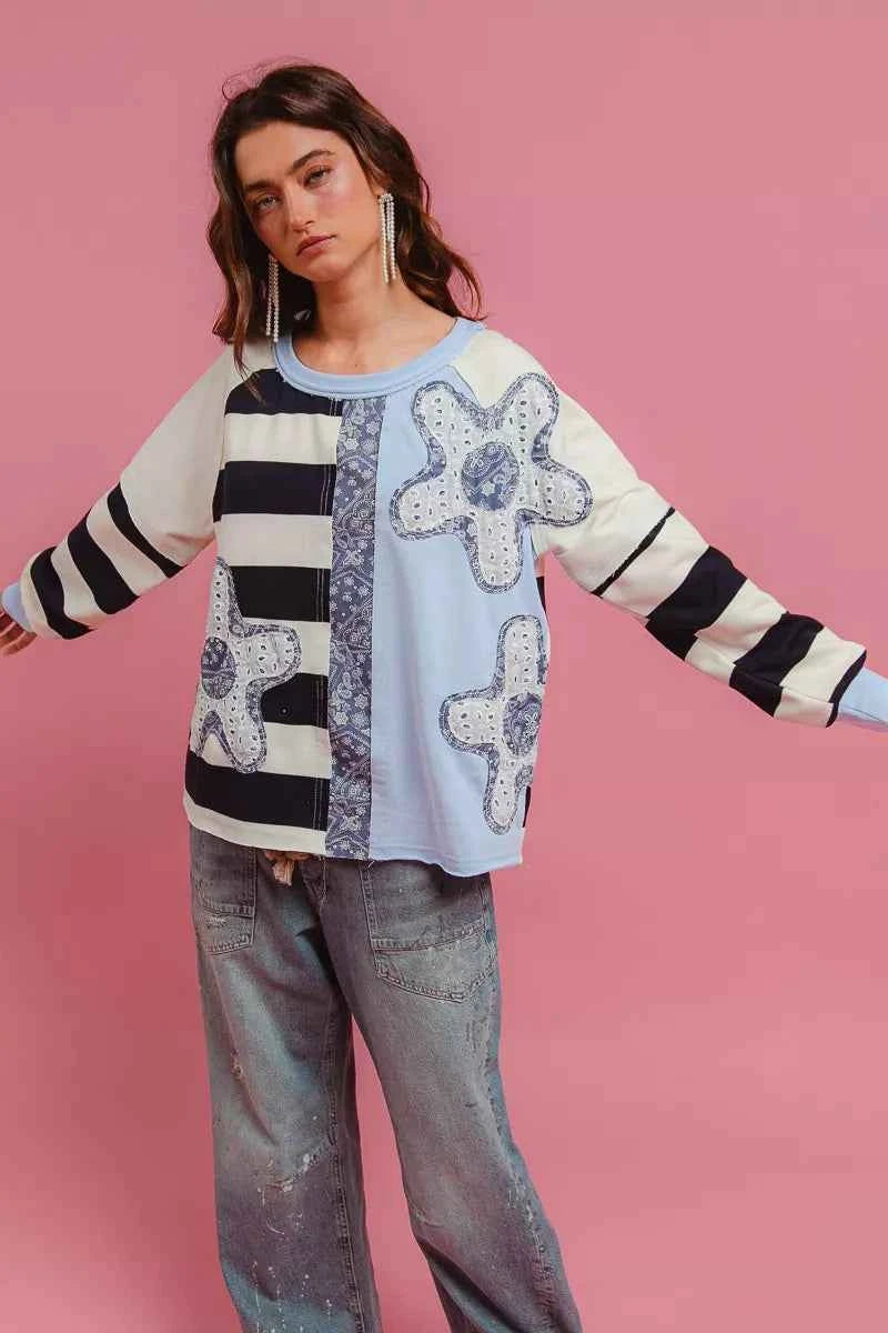 BiBi Patchwork Striped Round Neck Sweatshirt 2ed07b7bfdb74006b8f775206cde8548-Max-Origin