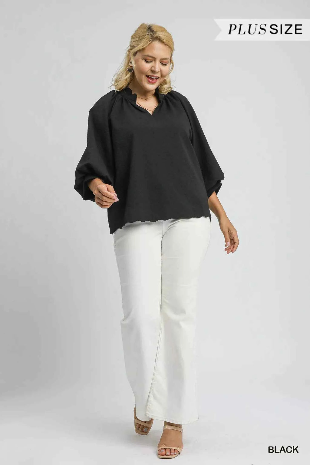 Umgee Full Size Textured Notched Balloon Sleeve Blouse Plus Size 2ed52027-39ad-4654-a361-b2bd47ae76f8-Max-Origin