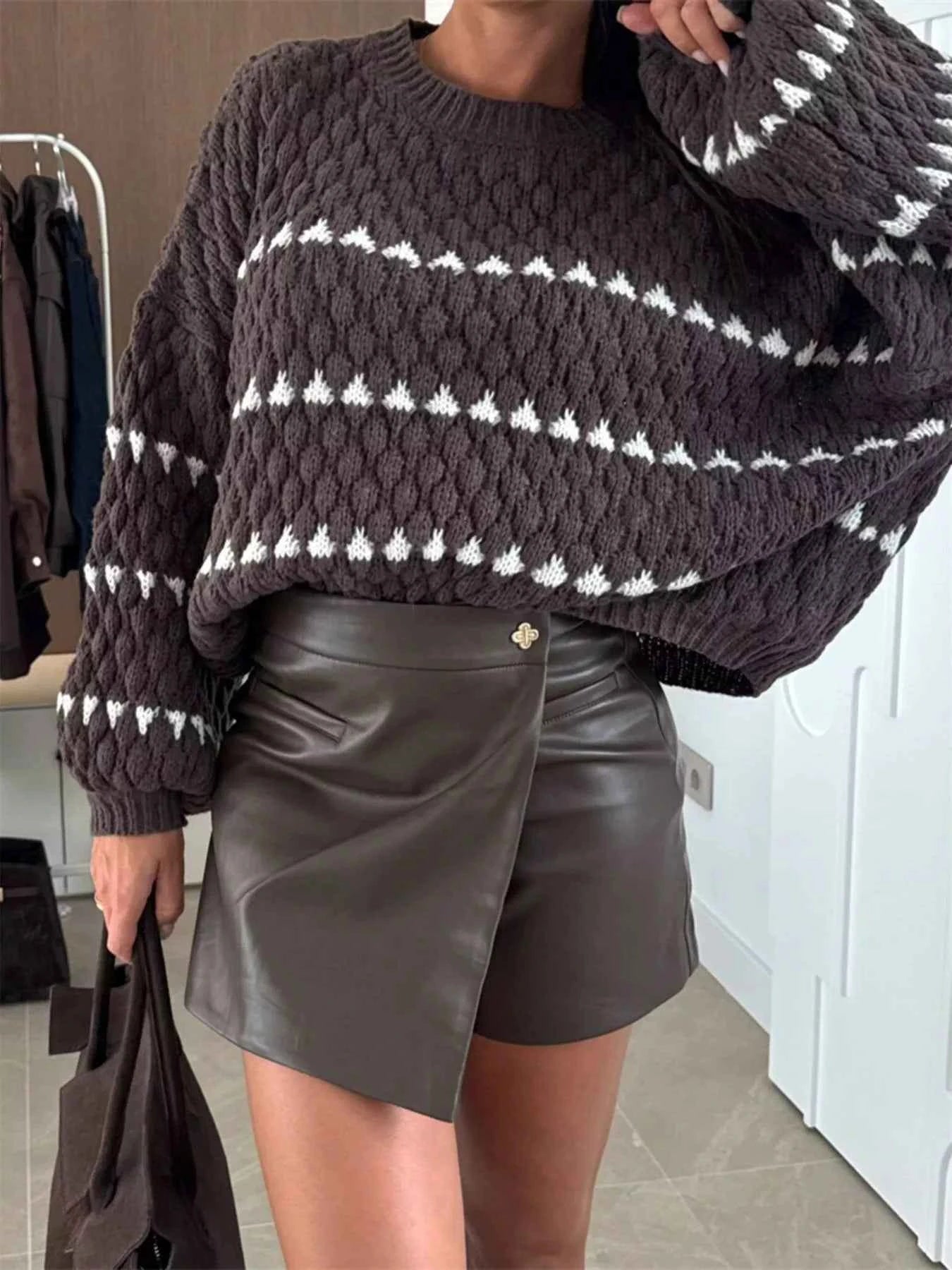 Chunky Knit Striped Sweater with Balloon Sleeves Coffee Brown 2ed83012-1cb2-462c-b74b-06cff94f05a1-Max-Origin