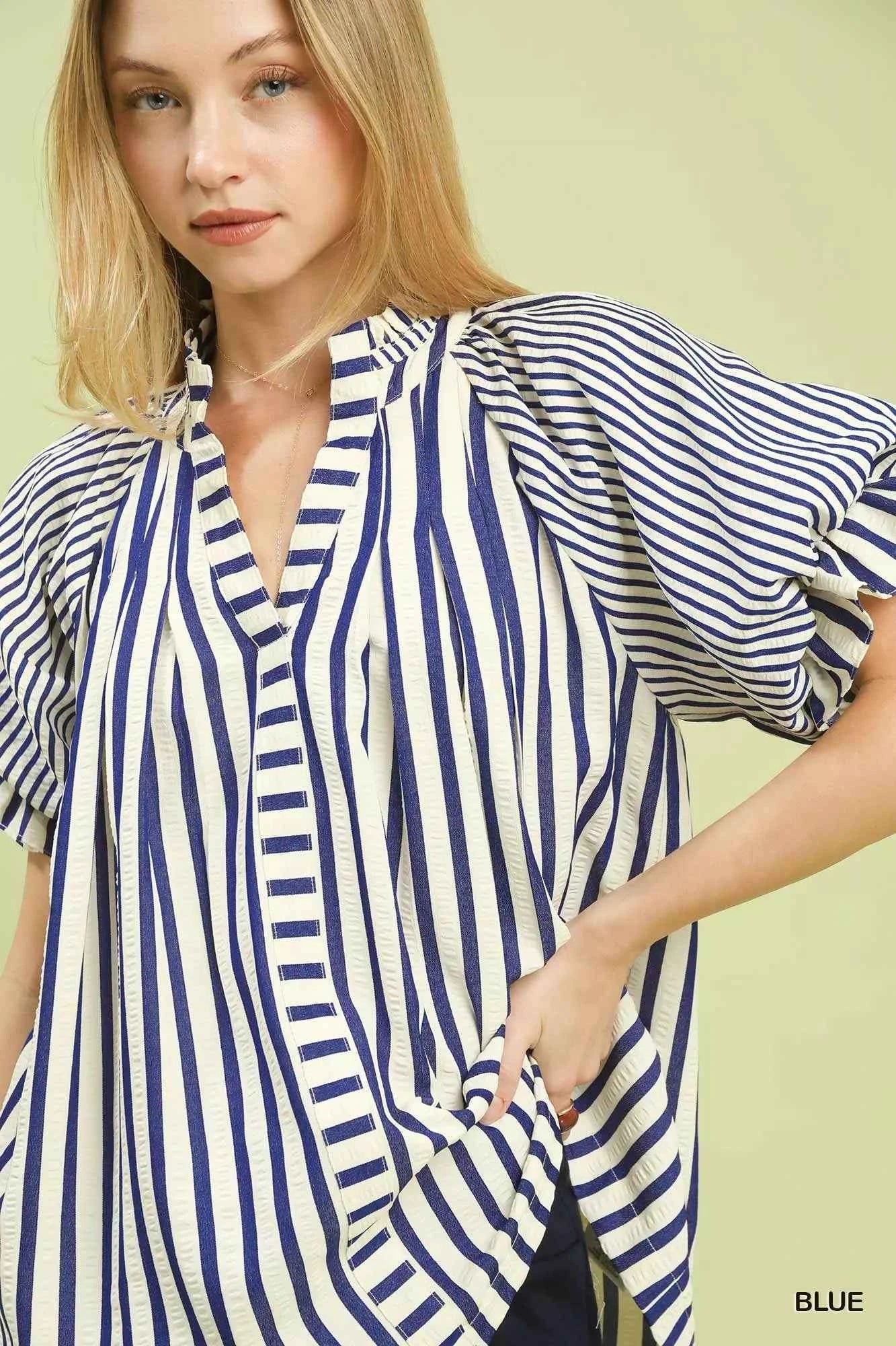 Umgee Striped Notched Top with Short Flutter Sleeves 2ed8d5bf-33d7-4523-9325-7ed416e70dbc-Max-Origin