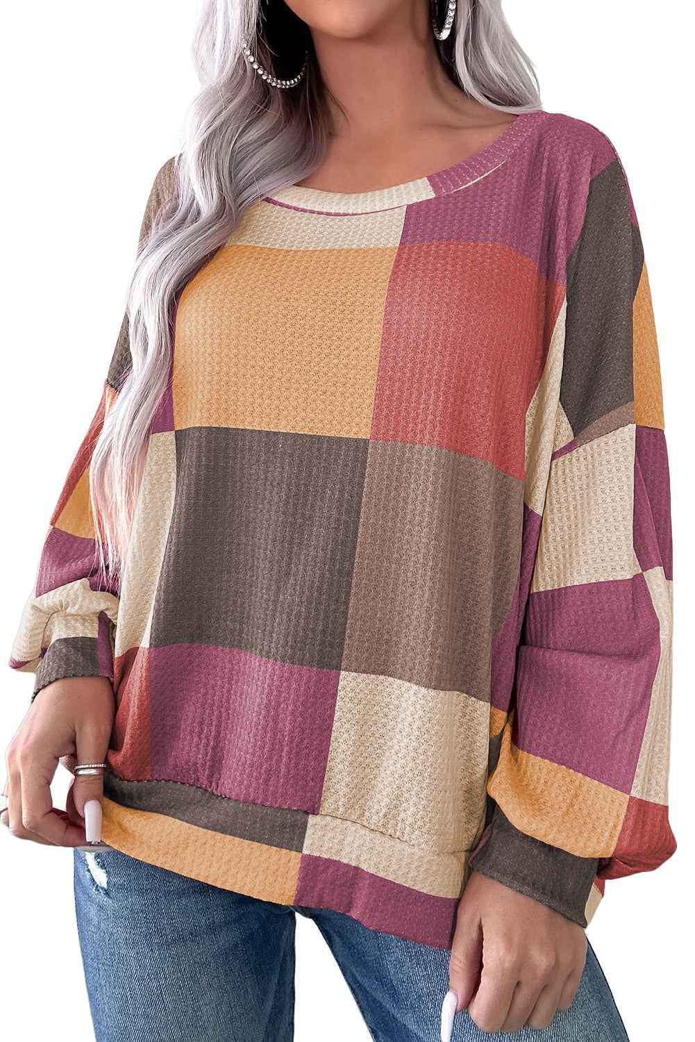 Green Checkered Print Textured Knit Long Sleeve Loose Top 2ed8f09554ea71f3