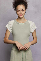 POL Round Neck Outseam Detail T-Shirt with Contrast Color Sleeves SAGE CREAM 2eda89e1-f344-4734-8d5e-542725ffa69f-Max-Origin